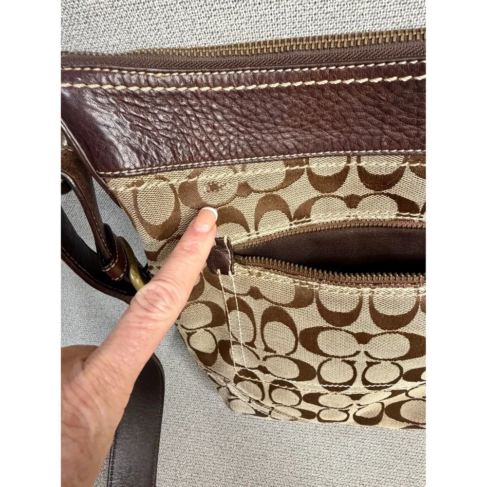 Y2K Coach Signature Jacquard Crossbody Bag Brown Leather Trim 10403 VTG‎ Khaki